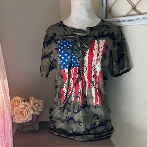 Womens Camo Lace-Up Tee with Distressed American Flag size L